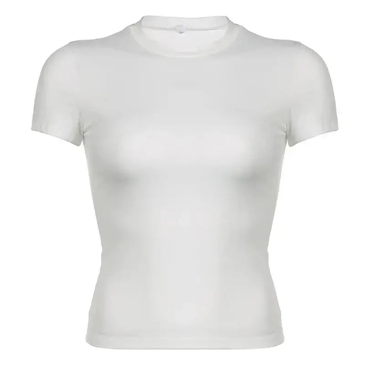 LUXEHAEVEN Basic Solid Crop Top Short Sleeve Crewneck