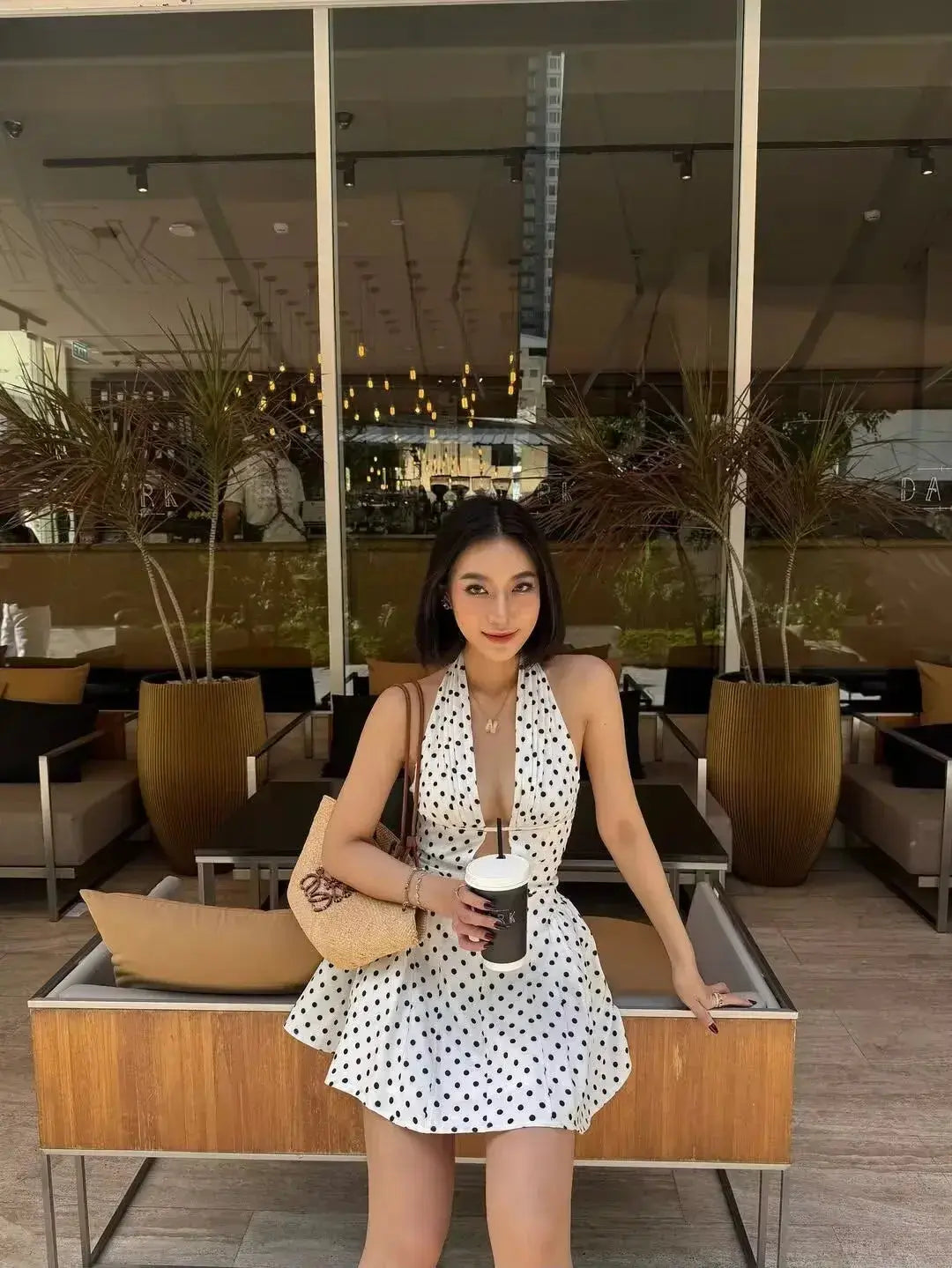 LUXEHAEVEN French Retro Polka Dot Deep V Halter Dress