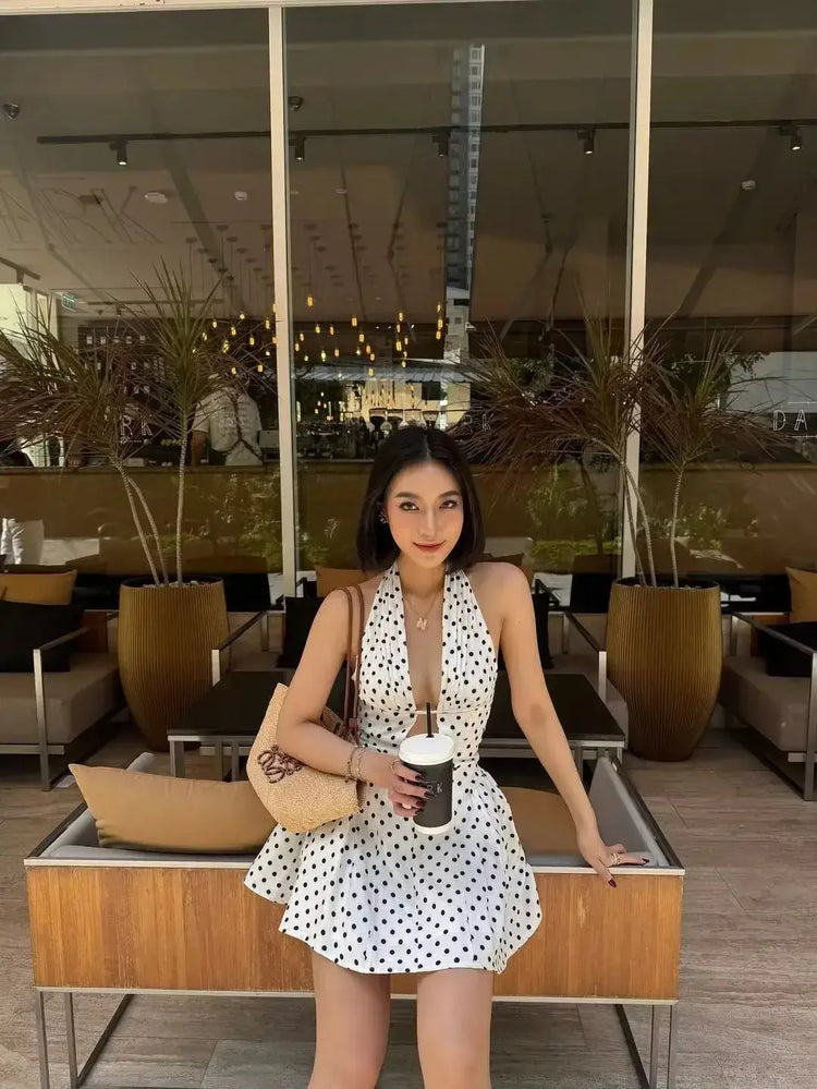 LUXEHAEVEN French Retro Polka Dot Deep V Halter Dress