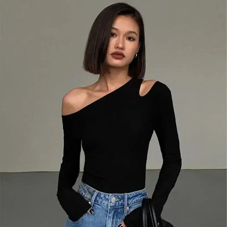 LUXEHAEVEN Fashion Skew Collar Off-shoulder Crop Top