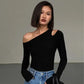 LUXEHAEVEN Fashion Skew Collar Off-shoulder Crop Top
