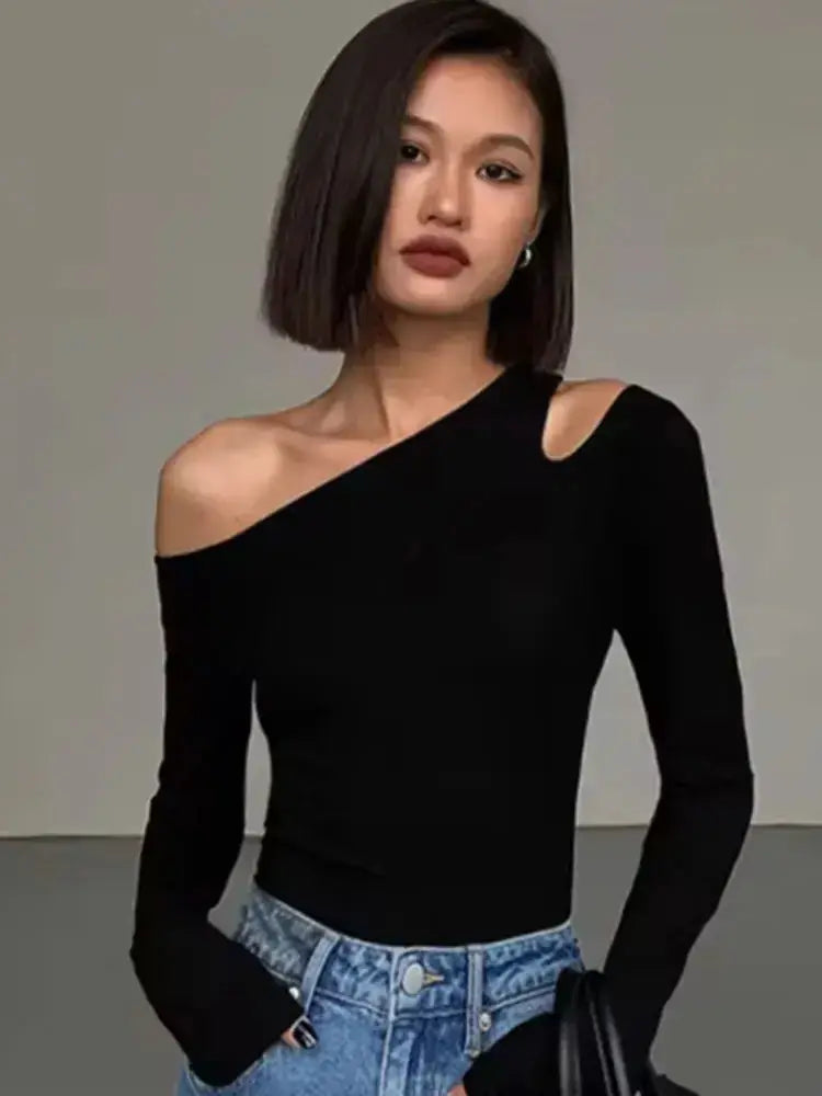 LUXEHAEVEN Fashion Skew Collar Off-shoulder Crop Top