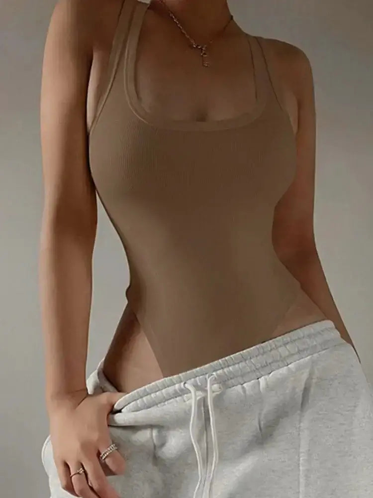LUXEHAEVEN Sleeveless Knit Bodysuit Hot Summer Sexy Bodycon Off Shoulder Halter Tops