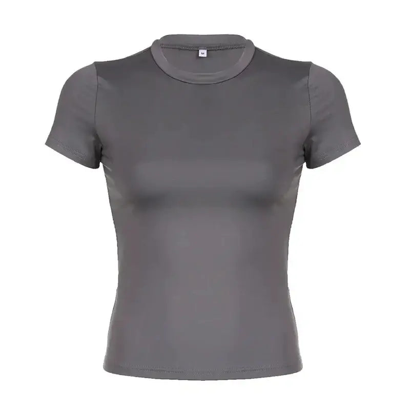 LUXEHAEVEN Basic Solid Crop Top Short Sleeve Crewneck