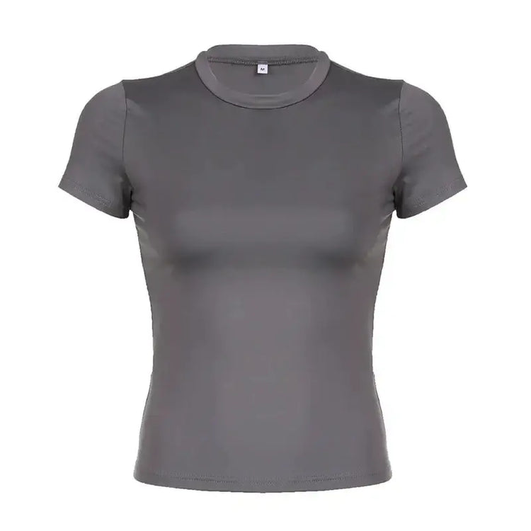 LUXEHAEVEN Basic Solid Crop Top Short Sleeve Crewneck