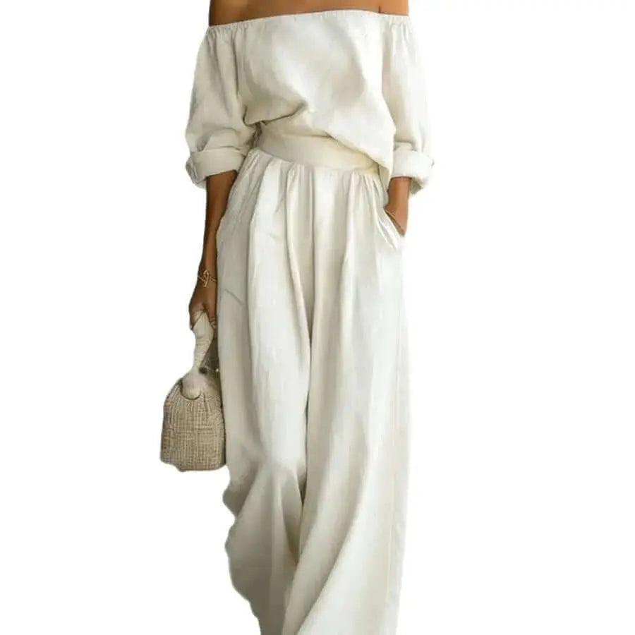 LUXEHAEVEN Casual Two-Piece Womens Outfit Off-Shoulder Top And Wide-Leg Pants Set LuxeHaeven