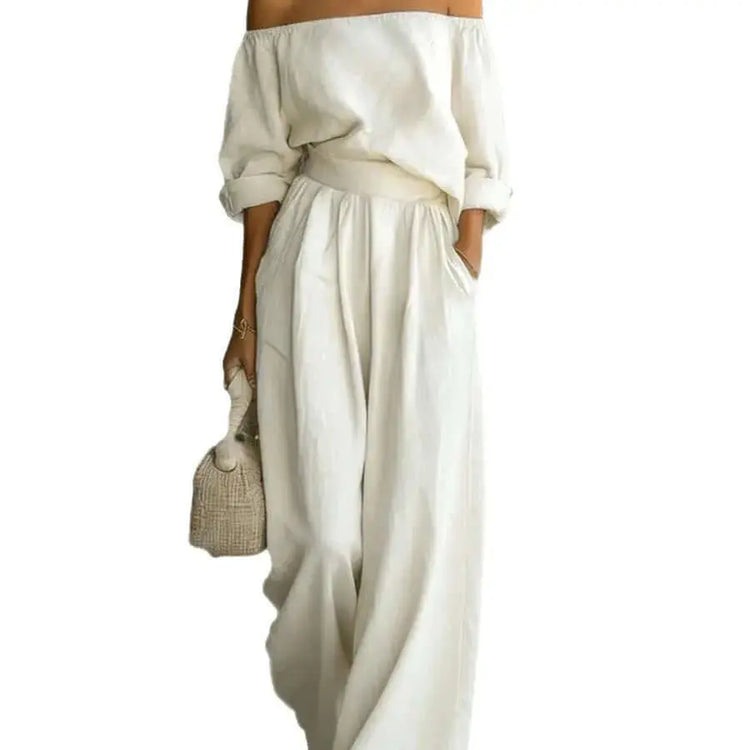 LUXEHAEVEN Casual Two-Piece Womens Outfit Off-Shoulder Top And Wide-Leg Pants Set LuxeHaeven