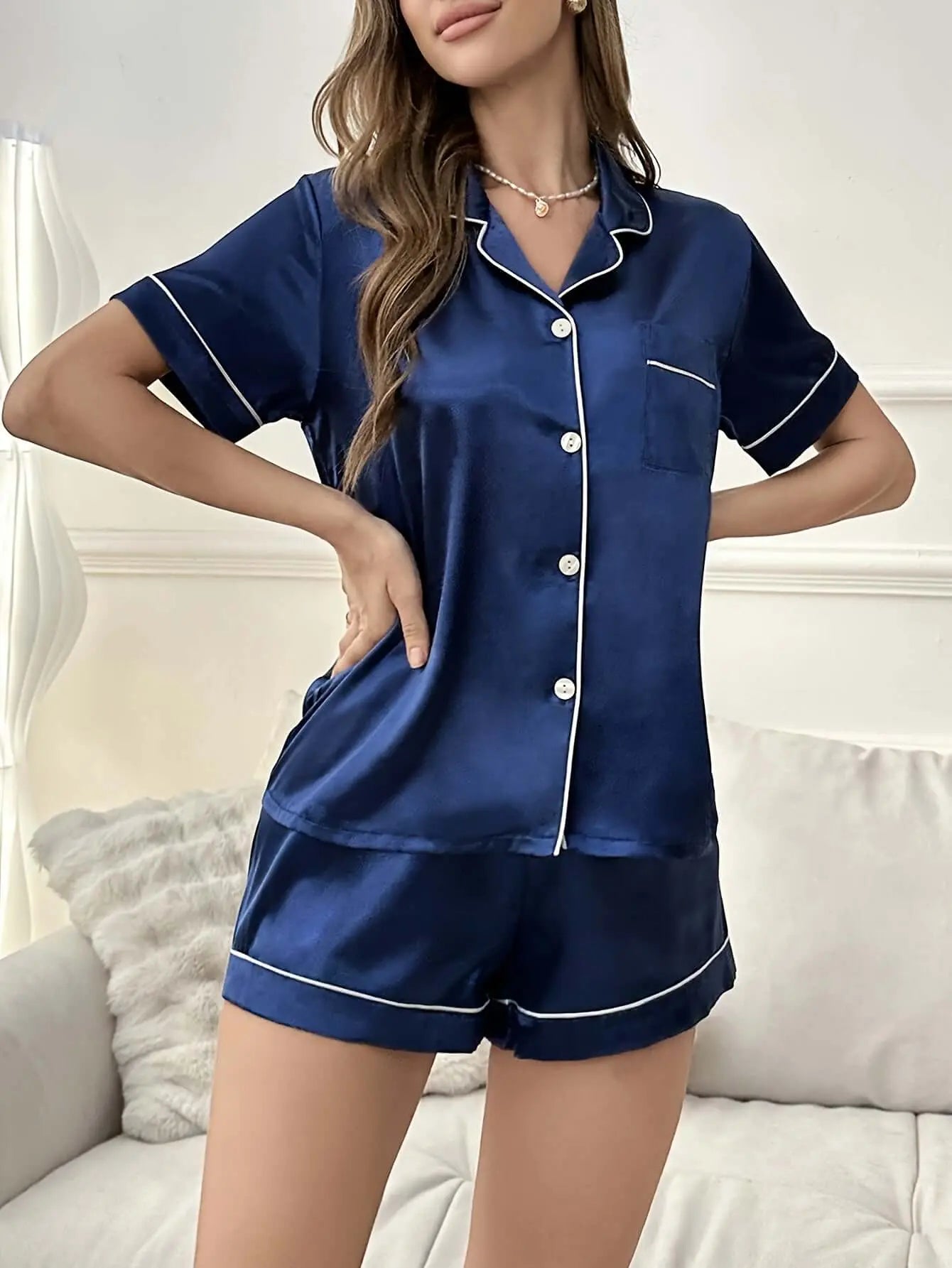 Open-front Buttoned Solid Color Lapel Satin Pajama Set