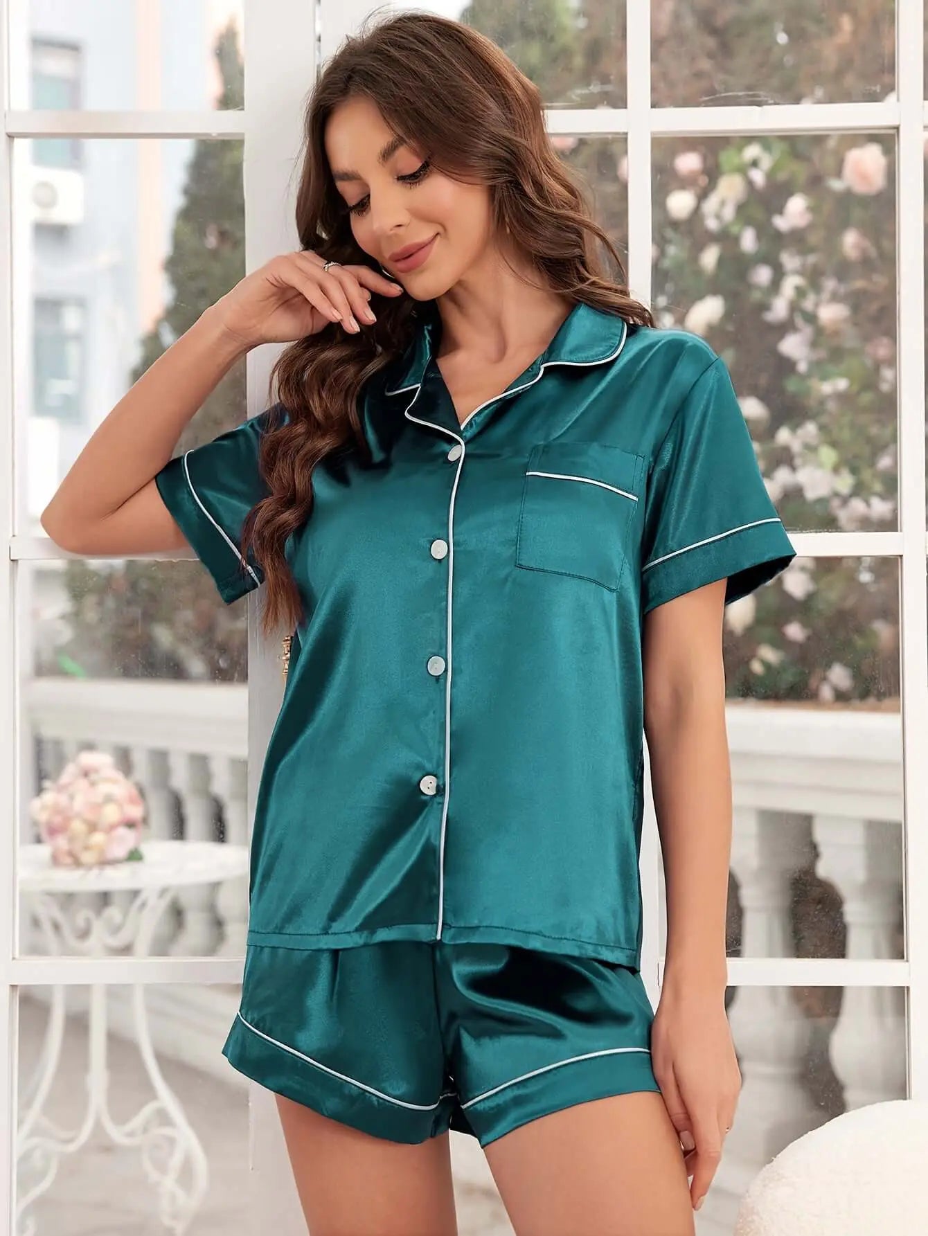 Open-front Buttoned Solid Color Lapel Satin Pajama Set