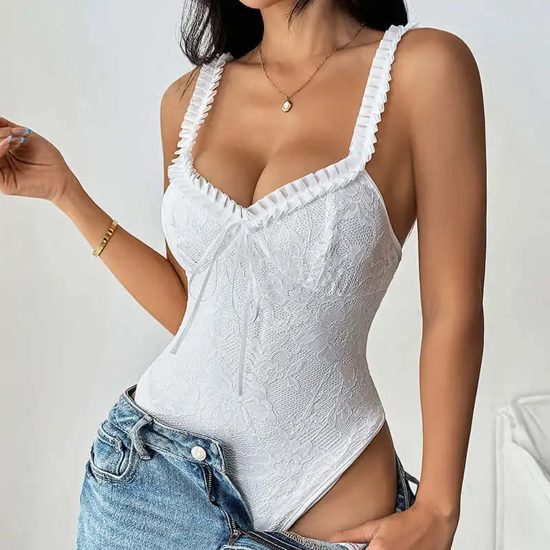 LUXEHAEVEN New Lace Ruffle-Trimmed Bodysuit