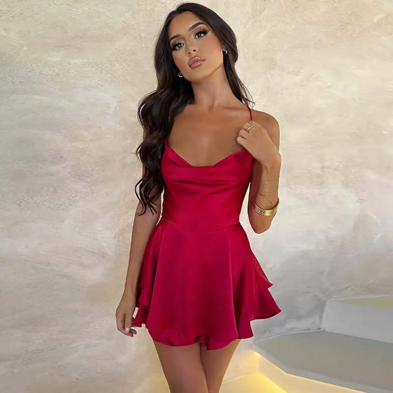 LUXEHAEVEN Sexy Suspender Skirt For Women Elegant Slim Strap Satin Backless Lace Up A-Line Short Dress Lady LuxeHaeven