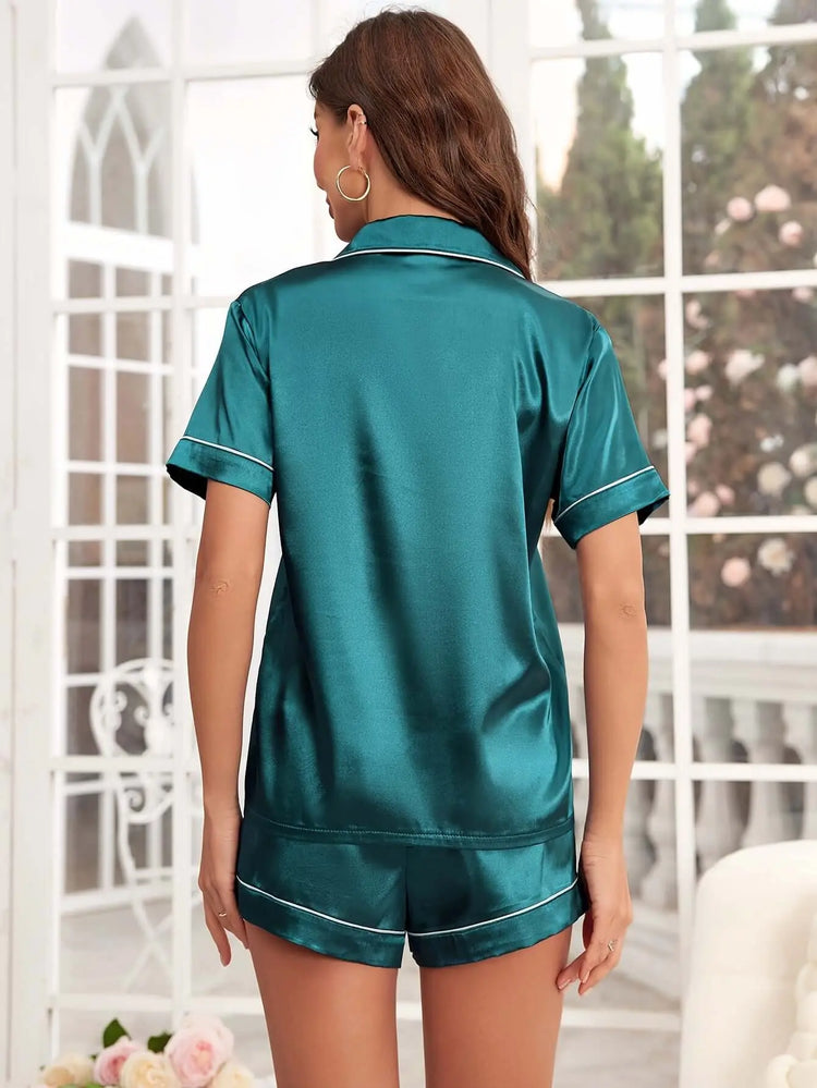Open-front Buttoned Solid Color Lapel Satin Pajama Set