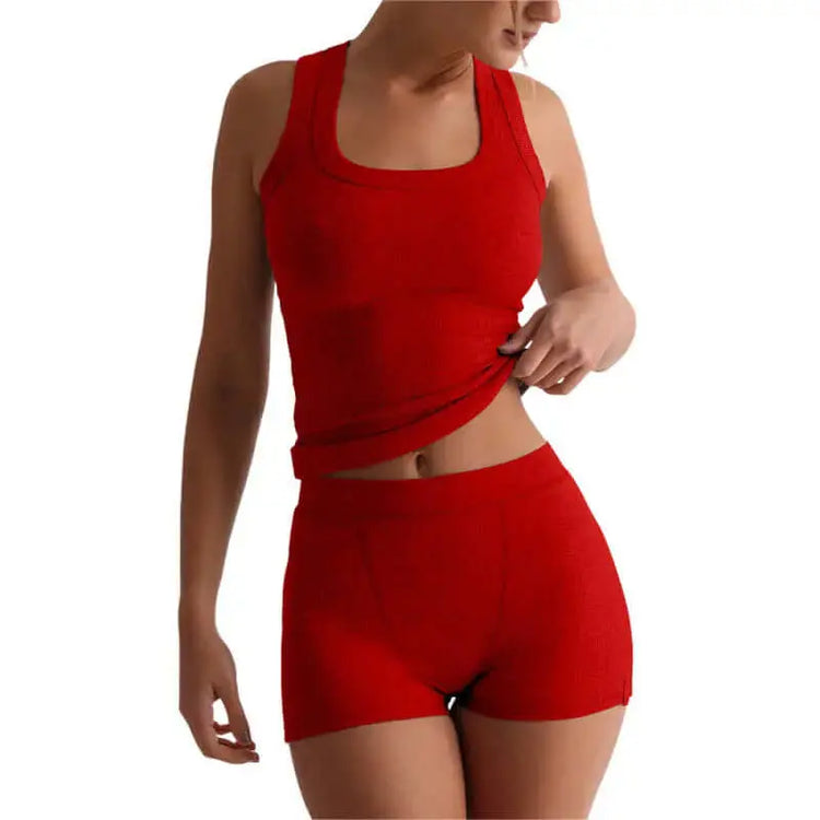 LUXEHAEVEN Womens Casual Solid-Colored Crew-Neck Slim-Fit Tank Top And High-Waist Shorts Set LuxeHaeven