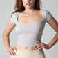 LUXEHAEVEN Square-neck Solid-color Cinched-waist Slim-fit Minimalist All-cotton Top LuxeHaeven