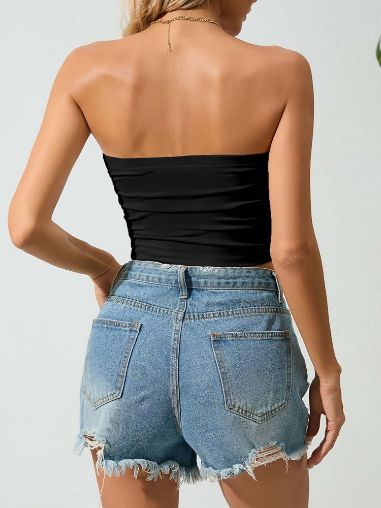 Y2K-Inspired Solid Ruched Crop Tube Top - Strapless, Stretch-Fit Design Perfect for Summer Casuals - Women&