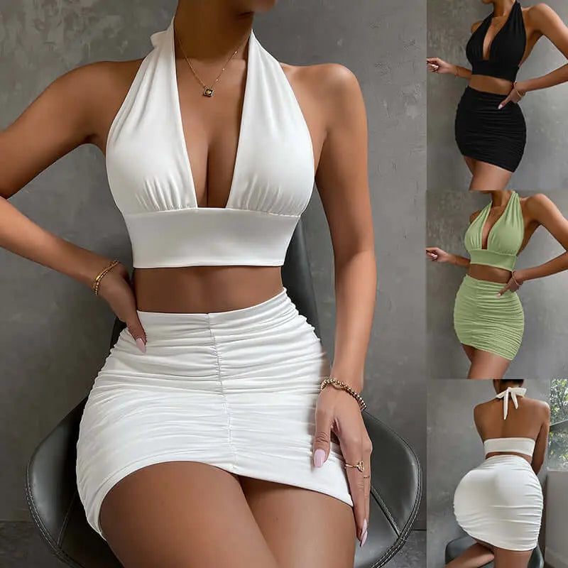 LUXEHAEVEN 2pcs Dress Suits For Women Halter Lace-up Hip Top And Pleated Hip-covering Skirt LuxeHaeven