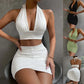 LUXEHAEVEN 2pcs Dress Suits For Women Halter Lace-up Hip Top And Pleated Hip-covering Skirt LuxeHaeven