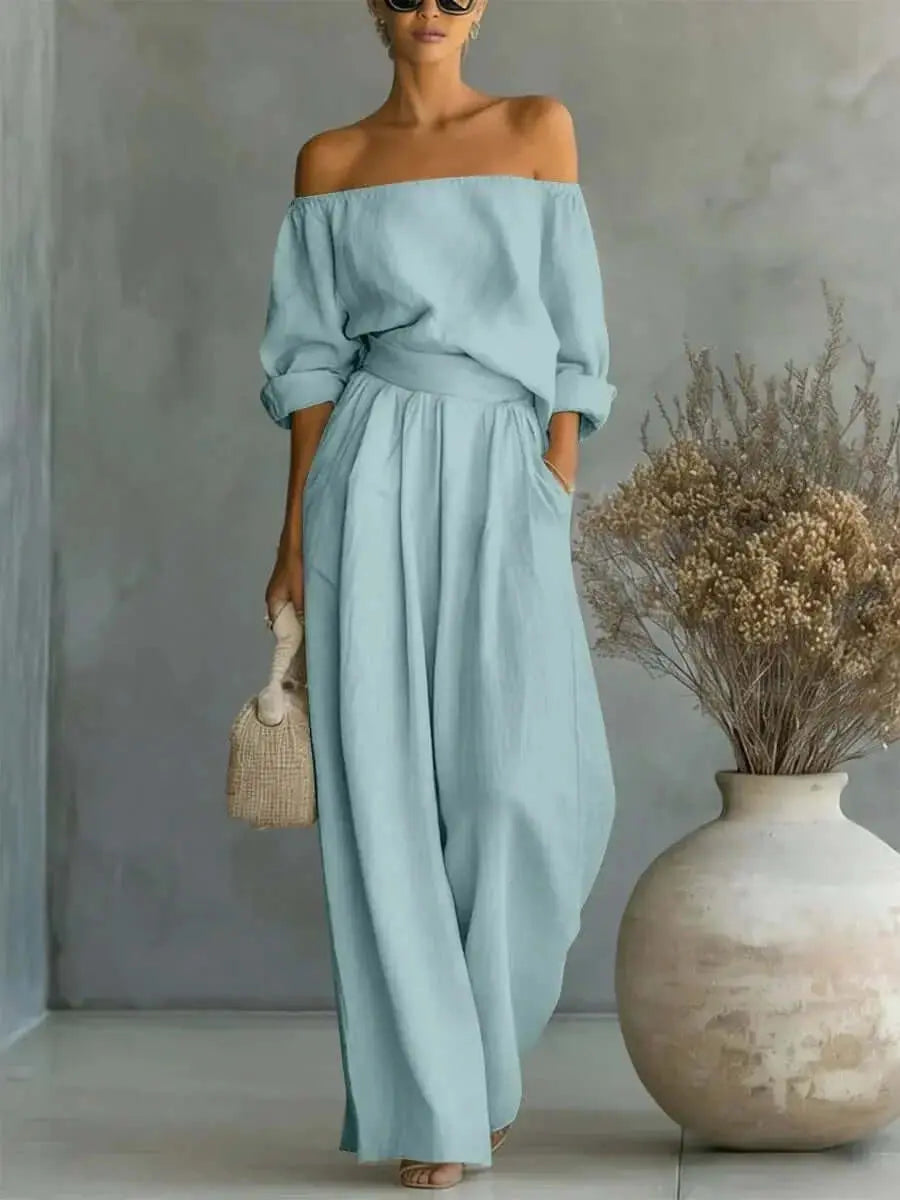 LUXEHAEVEN Casual Two-Piece Womens Outfit Off-Shoulder Top And Wide-Leg Pants Set LuxeHaeven
