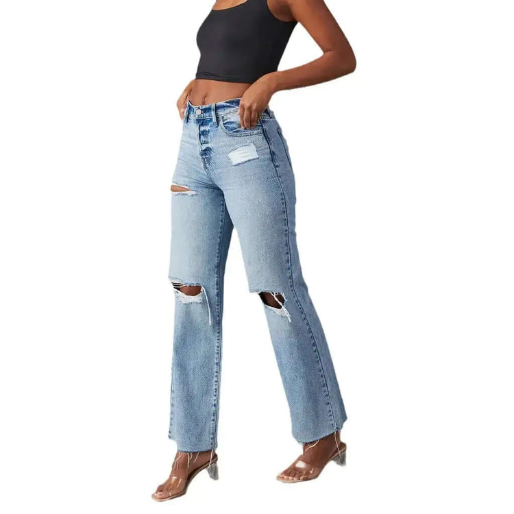 LUXEHAEVEN Ripped, Raw-Hem Denim Jeans Casual Washed Womens Straight-Leg Pants LuxeHaeven