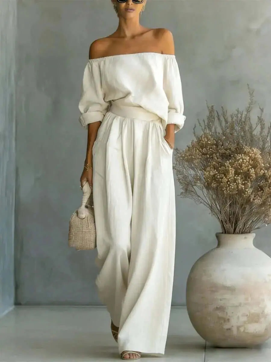 LUXEHAEVEN Casual Two-Piece Womens Outfit Off-Shoulder Top And Wide-Leg Pants Set LuxeHaeven