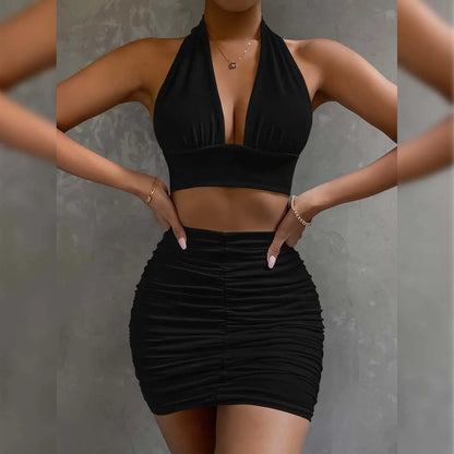 LUXEHAEVEN 2pcs Dress Suits For Women Halter Lace-up Hip Top And Pleated Hip-covering Skirt LuxeHaeven