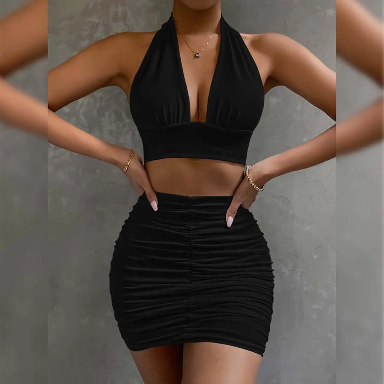 LUXEHAEVEN 2pcs Dress Suits For Women Halter Lace-up Hip Top And Pleated Hip-covering Skirt LuxeHaeven
