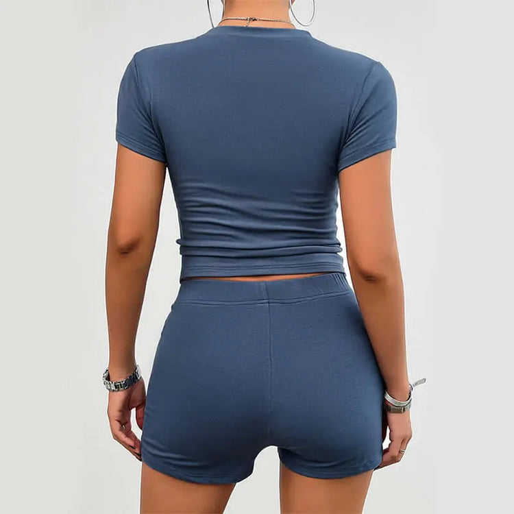 LUXEHAEVEN Solid Color Slim Sports Suit Summer 2Pcs Short-sleeved Round Neck T-shirt And Elastic Shorts Fashion Womens Clothing LuxeHaeven