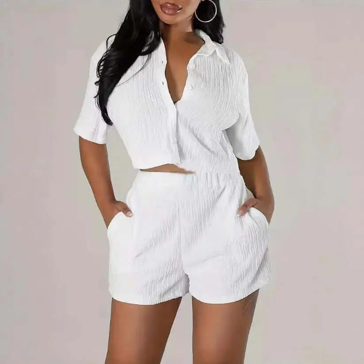LUXEHAEVEN Fashionable Casual Short-Sleeve Shirt Set Single-Breasted Solid Color Pleated Two-Piece Suit LuxeHaeven