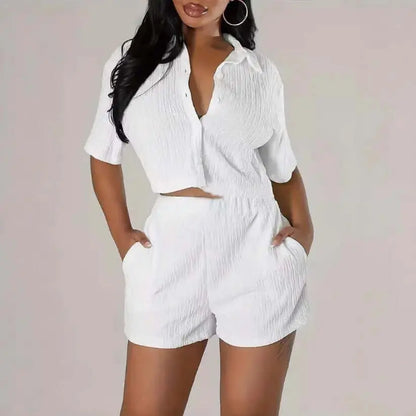LUXEHAEVEN Fashionable Casual Short-Sleeve Shirt Set Single-Breasted Solid Color Pleated Two-Piece Suit LuxeHaeven