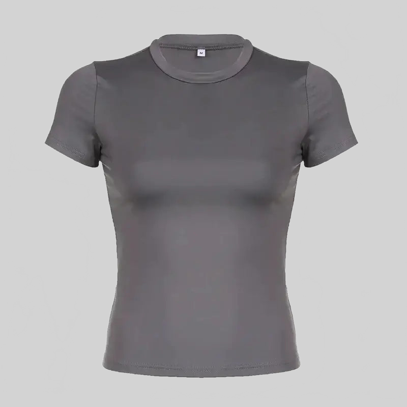 LUXEHAEVEN Basic Solid Crop Top Short Sleeve Crewneck