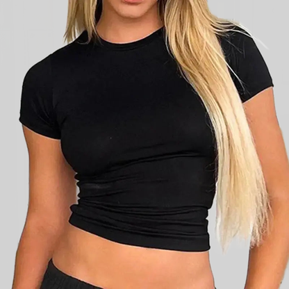 LUXEHAEVEN Basic Solid Crop Top Short Sleeve Crewneck