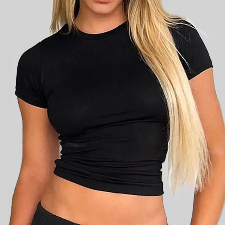 LUXEHAEVEN Basic Solid Crop Top Short Sleeve Crewneck