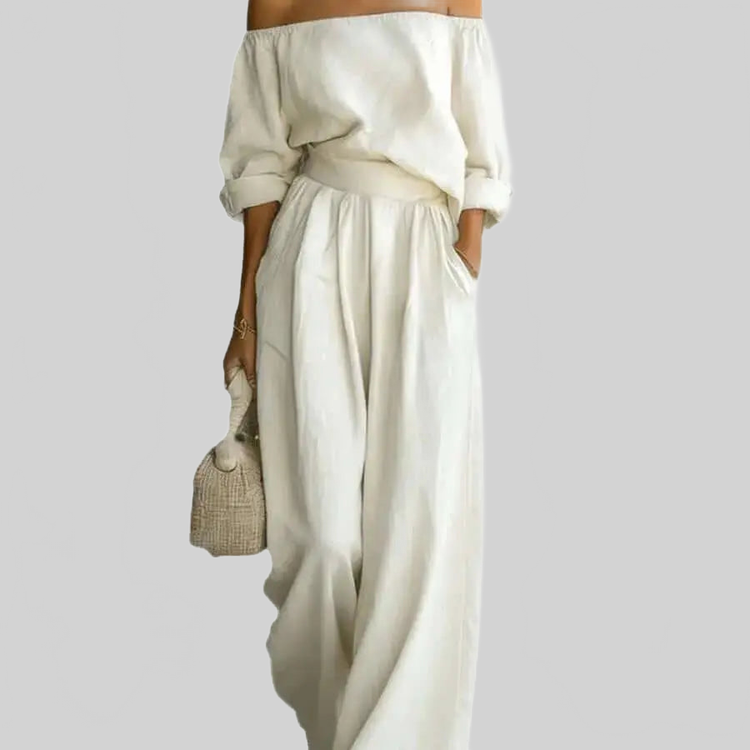 LUXEHAEVEN Casual Two-Piece Womens Outfit Off-Shoulder Top And Wide-Leg Pants Set LuxeHaeven