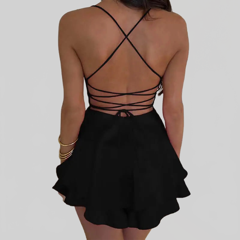 LUXEHAEVEN Sexy Suspender Skirt For Women ELegant Slim Strap Satin Backless Lace Up A-Line Short Dress Lady LuxeHaeven