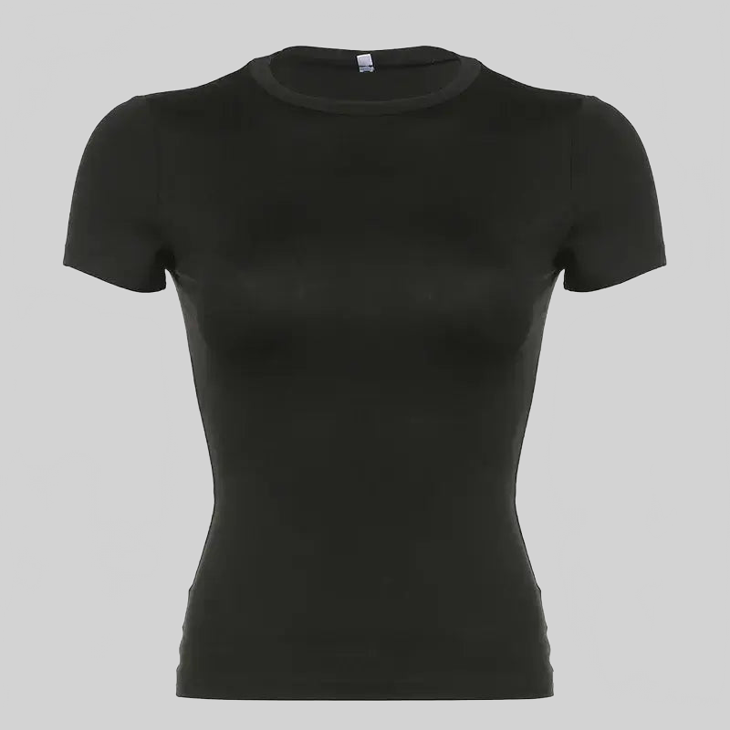 LUXEHAEVEN Basic Solid Crop Top Short Sleeve Crewneck