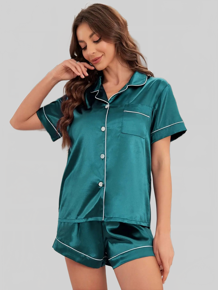 Open-front Buttoned Solid Color LapEL Satin Pajama Set