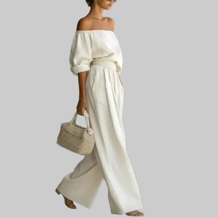 LUXEHAEVEN Casual Two-Piece Womens Outfit Off-Shoulder Top And Wide-Leg Pants Set LuxeHaeven