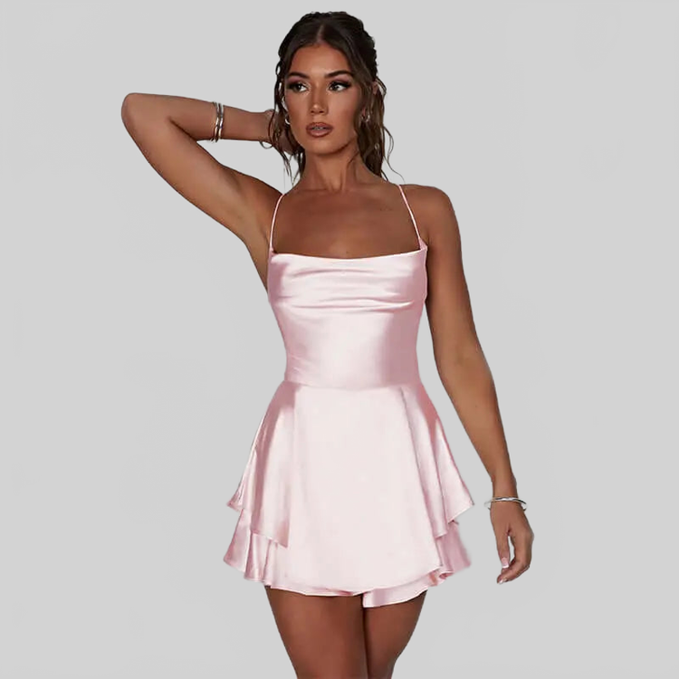 LUXEHAEVEN Sexy Suspender Skirt For Women ELegant Slim Strap Satin Backless Lace Up A-Line Short Dress Lady LuxeHaeven