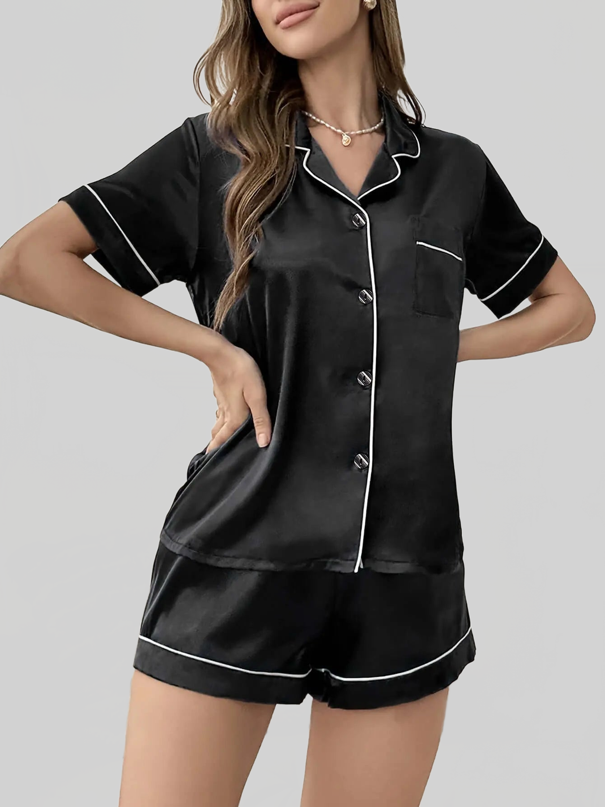 Open-front Buttoned Solid Color LapEL Satin Pajama Set