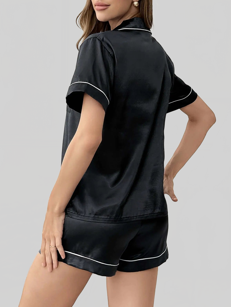 Open-front Buttoned Solid Color LapEL Satin Pajama Set