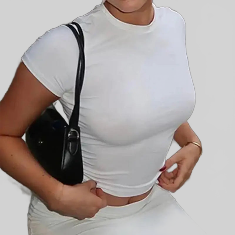 LUXEHAEVEN Basic Solid Crop Top Short Sleeve Crewneck