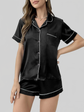 Open-front Buttoned Solid Color LapEL Satin Pajama Set