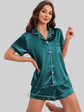 Open-front Buttoned Solid Color LapEL Satin Pajama Set