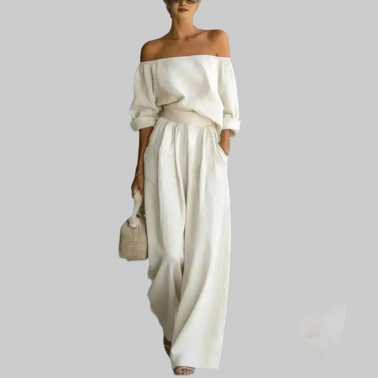 LUXEHAEVEN Casual Two-Piece Womens Outfit Off-Shoulder Top And Wide-Leg Pants Set LuxeHaeven