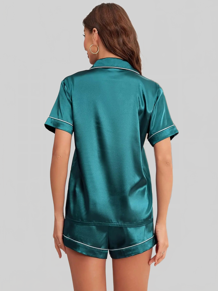 Open-front Buttoned Solid Color LapEL Satin Pajama Set
