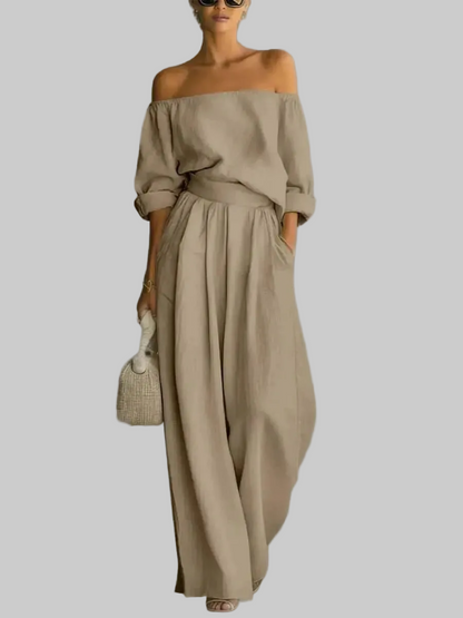 LUXEHAEVEN Casual Two-Piece Womens Outfit Off-Shoulder Top And Wide-Leg Pants Set LuxeHaeven