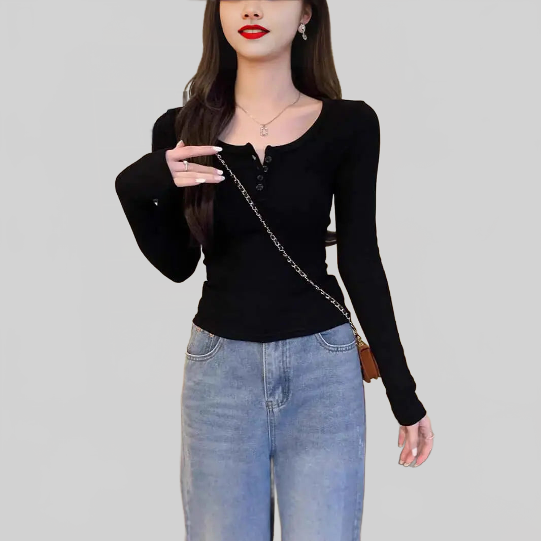 LUXEHAEVEN Solid-color U Neck Slim Fit Semi Scoop Neck Base Layer Top