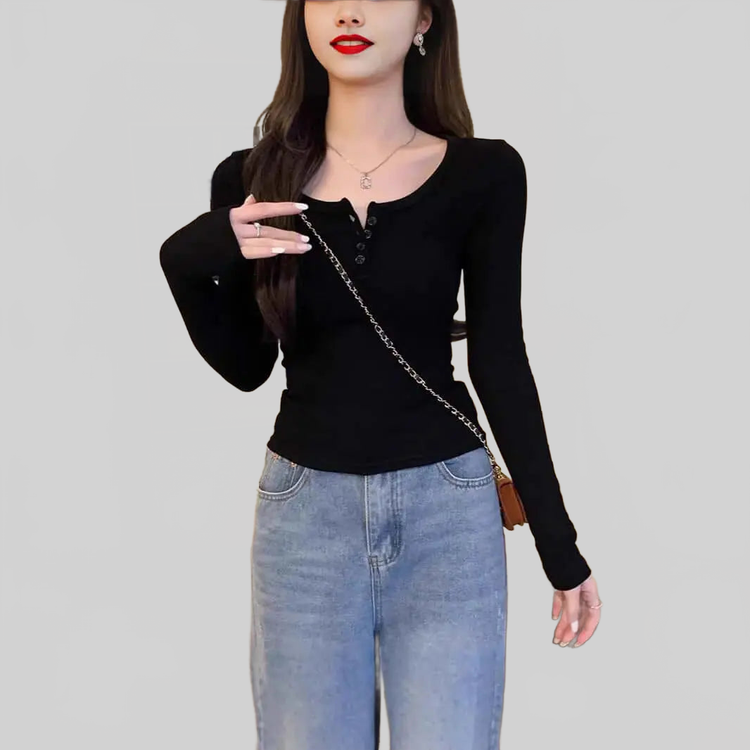 LUXEHAEVEN Solid-color U Neck Slim Fit Semi Scoop Neck Base Layer Top
