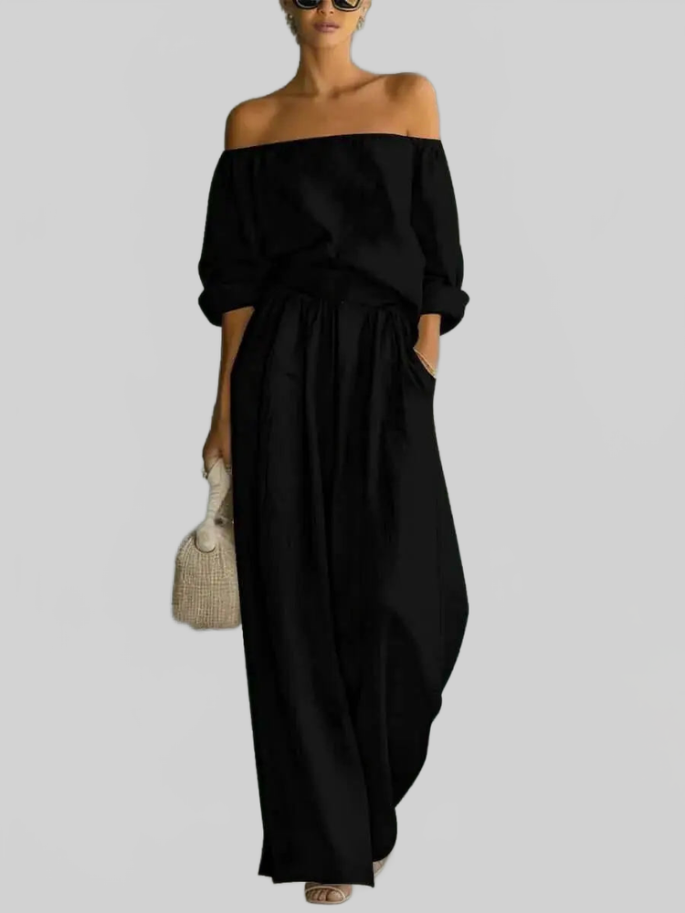 LUXEHAEVEN Casual Two-Piece Womens Outfit Off-Shoulder Top And Wide-Leg Pants Set LuxeHaeven